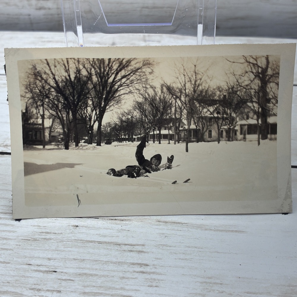 Vintage 1930s Photo Child Playing in Snow Winter Scene Americana Snapshot